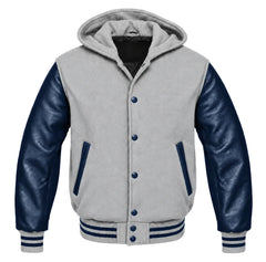 Light Grey and Navy Blue Varsity Jacket with Hood