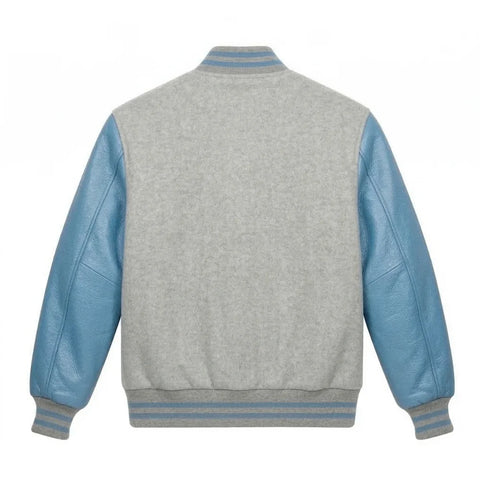 Light Grey and Sky Blue Varsity Jacket with Wool Body and Leather Sleeves Back Side