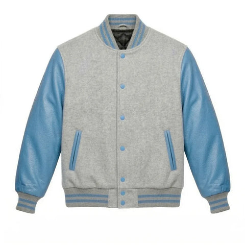 Light Grey and Sky Blue Varsity Jacket with Wool Body and Leather Sleeves