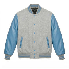 Light Grey and Sky Blue Varsity Jacket with Wool Body and Leather Sleeves
