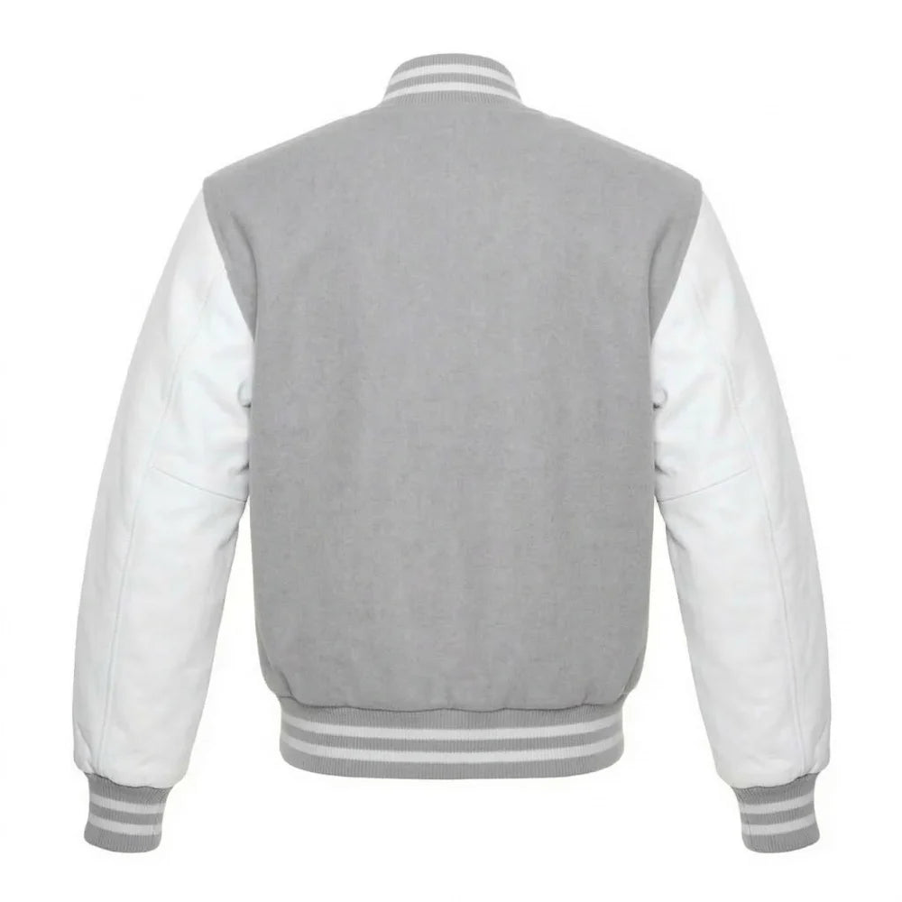 Light Grey and White Varsity Jacket with Wool Body and Leather Sleeves Back Side