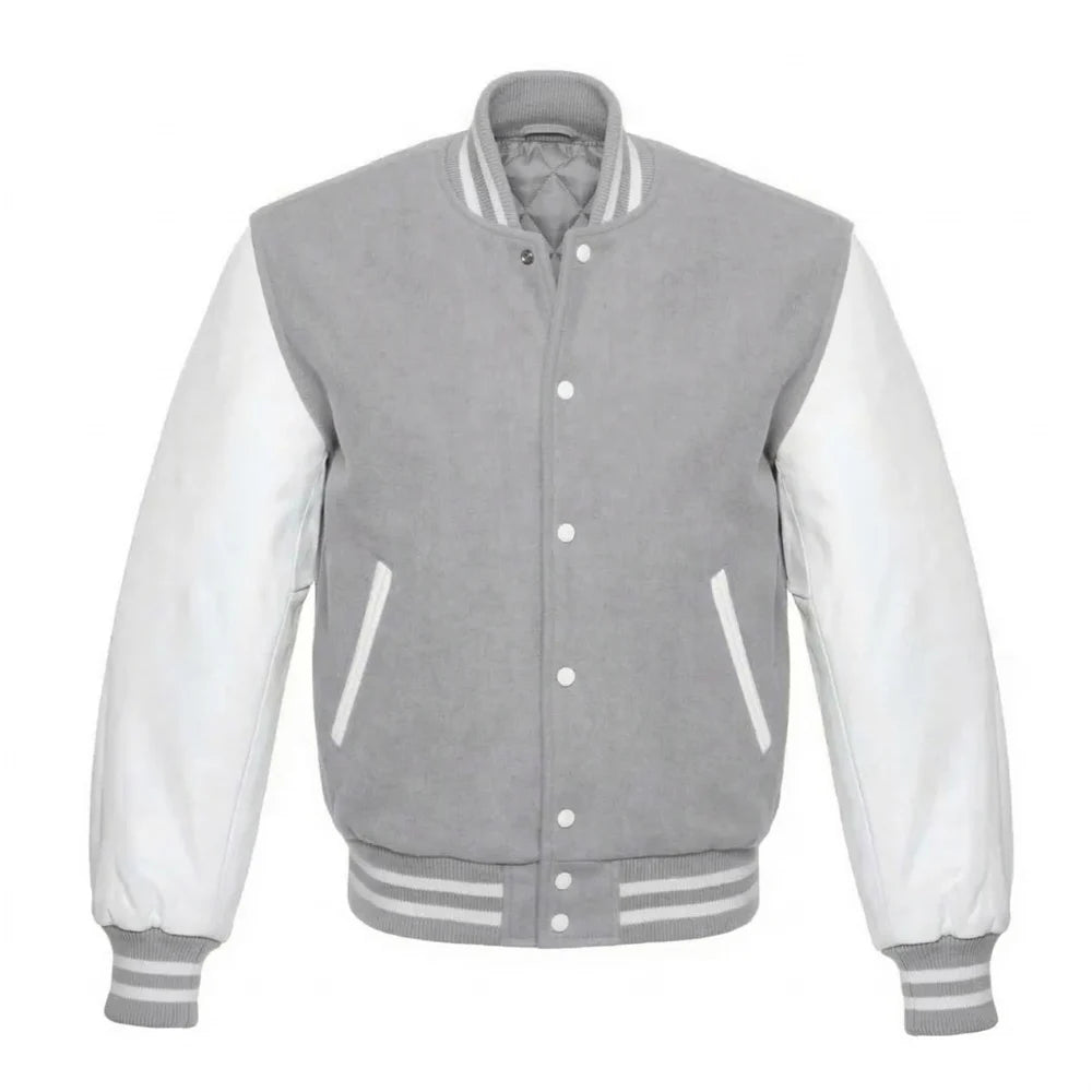 Light Grey and White Varsity Jacket with Wool Body and Leather Sleeves