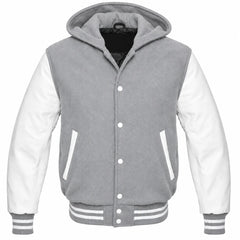 Light Grey and White Varsity Jacket with Hood