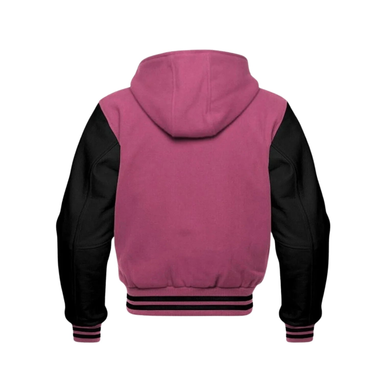 Light Pink Wool and Black Leather Hooded Varsity Jacket Back Side