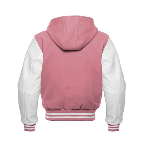 Light Pink Wool and White Leather Hooded Varsity Jacket Back Side