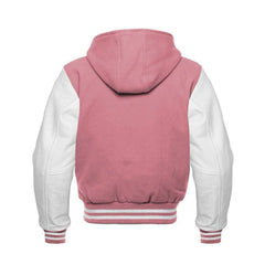 Light Pink Wool and White Leather Hooded Varsity Jacket Back Side