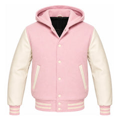Light Pink and Cream Varsity Jacket with Hood