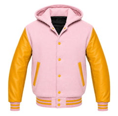 Light Pink and Gold Hooded Varsity Jacket