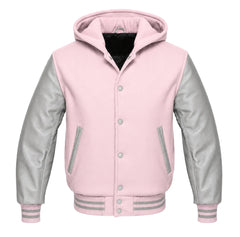 Light Pink and Grey Letterman Jacket with Hood