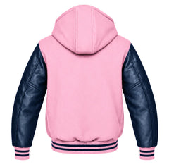 Light Pink and Navy Blue Hooded Varsity Jacket