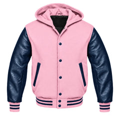 Light Pink and Navy Blue Hooded Varsity Jacket
