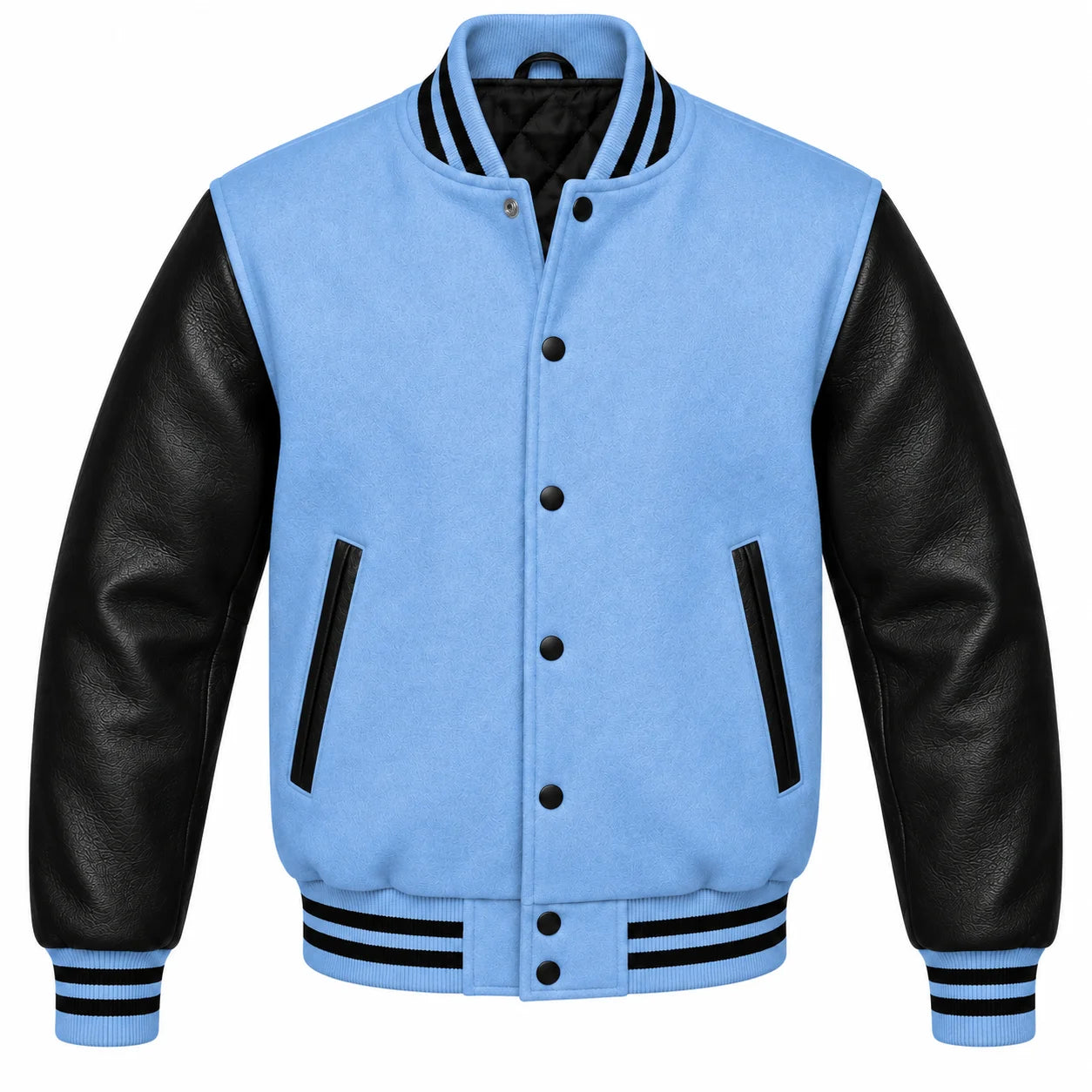 Light Blue and Black Varsity Jacket with Wool Body and Leather Sleeves