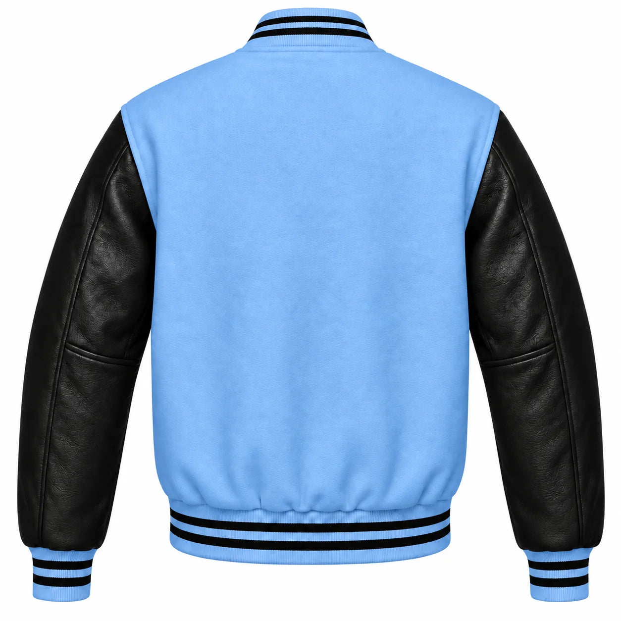 Light Blue and Black Varsity Jacket with Wool Body and Leather Sleeves Back View