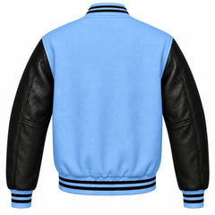 Light Blue and Black Varsity Jacket with Wool Body and Leather Sleeves Back View