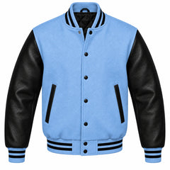 Light Blue and Black Varsity Jacket with Wool Body and Leather Sleeves