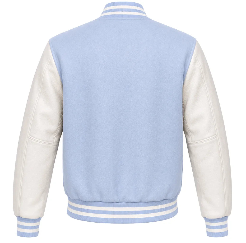 Light blue wool varsity jacket with cream leather sleeves, back view