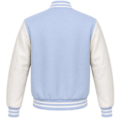 Light blue wool varsity jacket with cream leather sleeves, back view