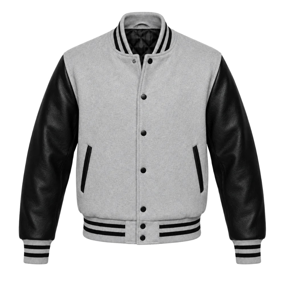 Light Grey and Black Varsity Jacket with Wool Body and Leather Sleeves