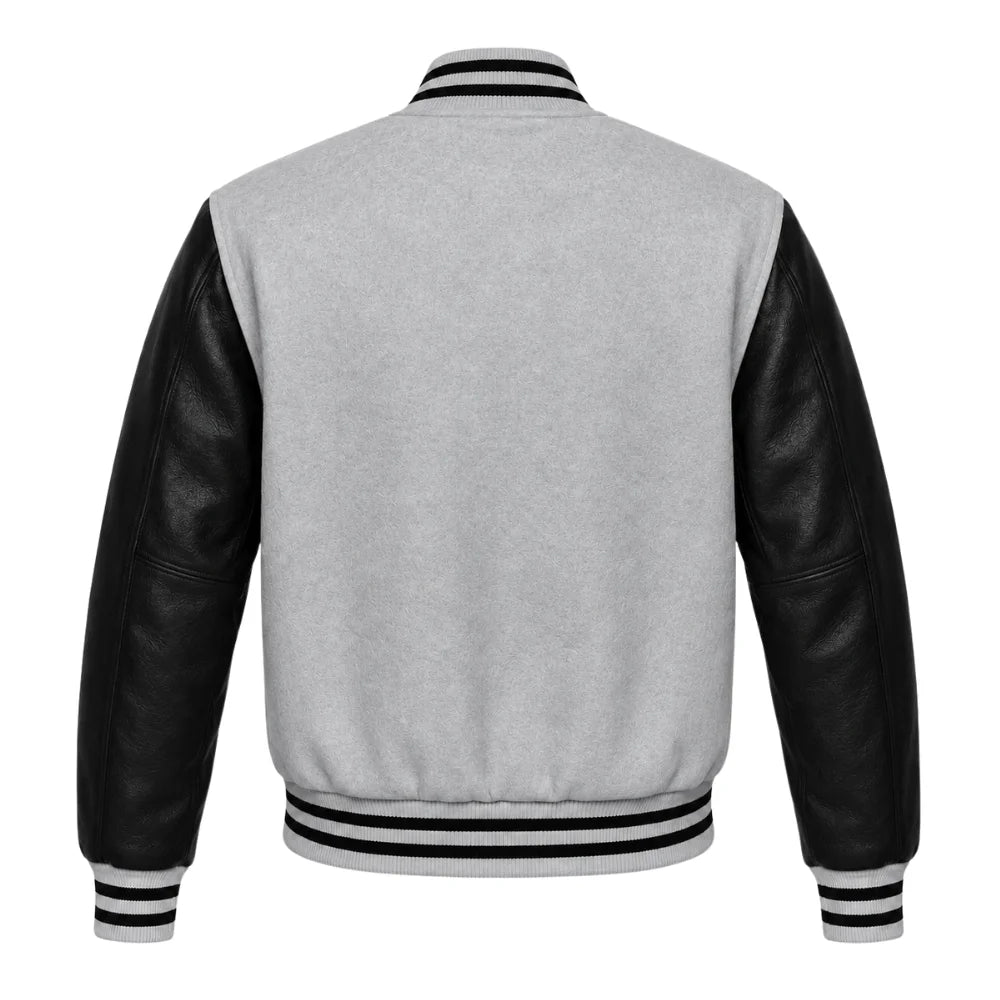 Light Grey and Black Varsity Jacket with Wool Body and Leather Sleeves Back View