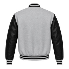 Light Grey and Black Varsity Jacket with Wool Body and Leather Sleeves Back View