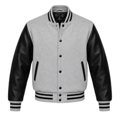 Light Grey and Black Varsity Jacket with Wool Body and Leather Sleeves