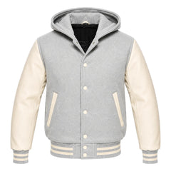 Light Grey and Cream Hooded Varsity Jacket