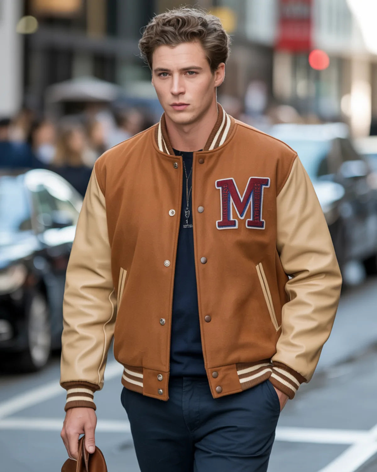 Man wearing a brown and beige varsity jacket with a large 'M' on a city street.