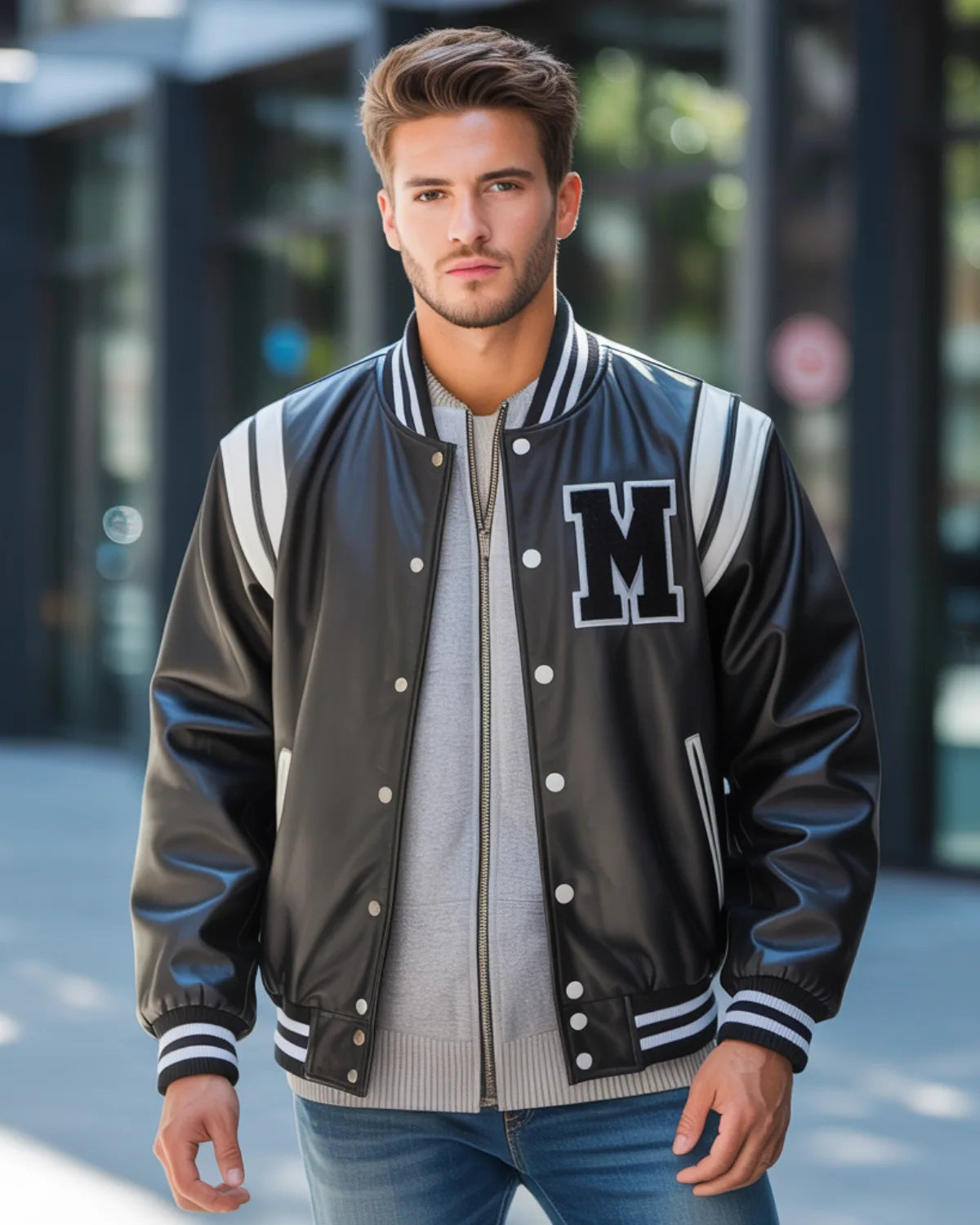 Man wearing a black leather varsity jacket with a large 'M' on a blurred city street background