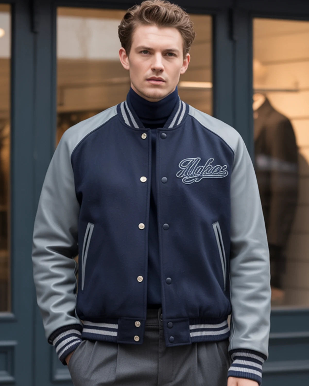 Man wearing a navy and gray varsity jacket with 'Flyers' logo, standing in front of a store entrance.