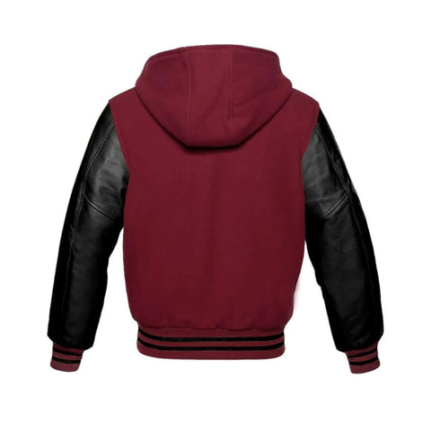Maroon Wool and Black Leather Hooded Varsity Jacket Back Side