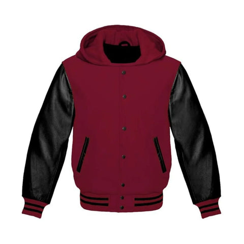 Maroon Wool and Black Leather Hooded Varsity Jacket