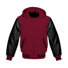 Maroon Wool and Black Leather Hooded Varsity Jacket