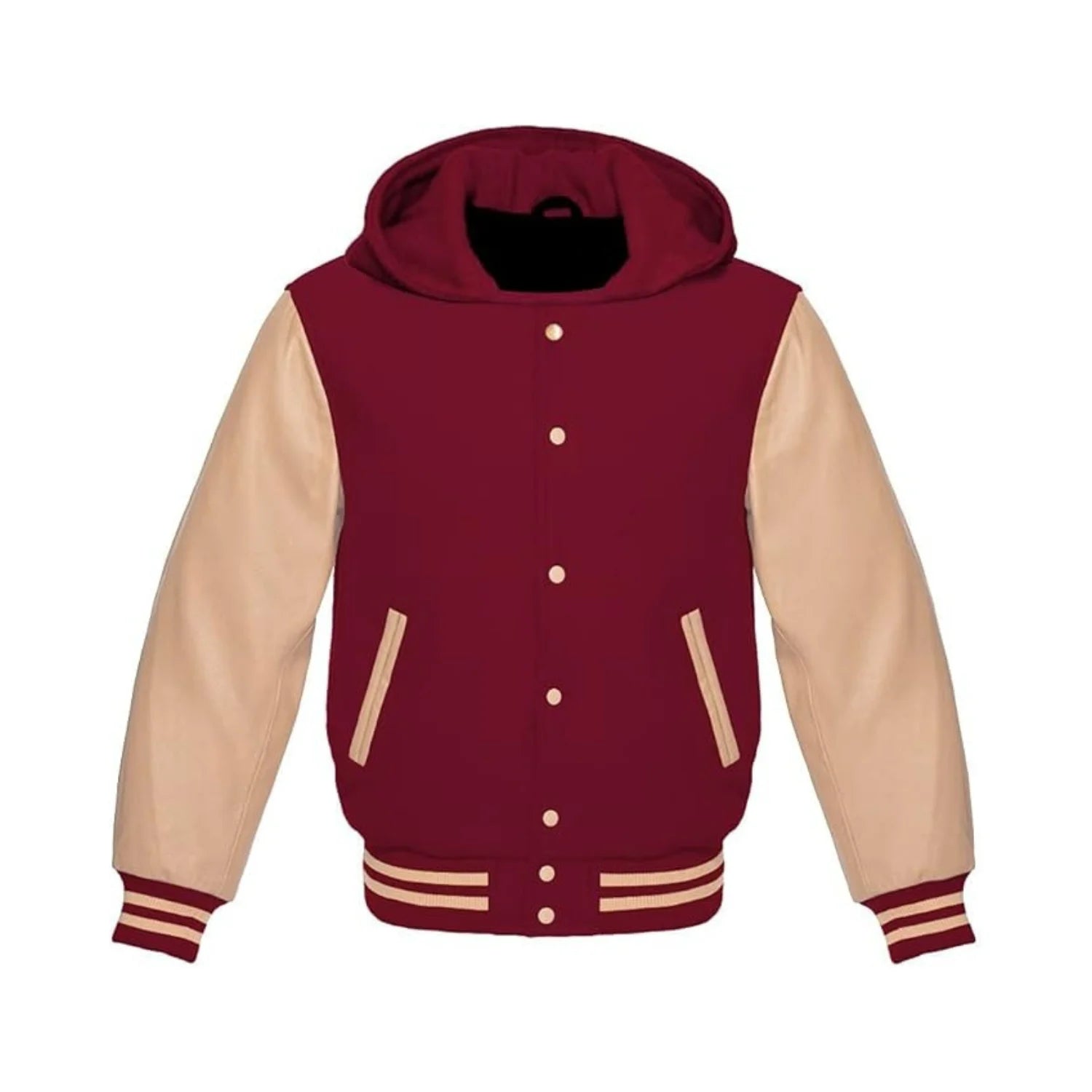 Maroon Wool and Cream Leather Hooded Varsity Jacket