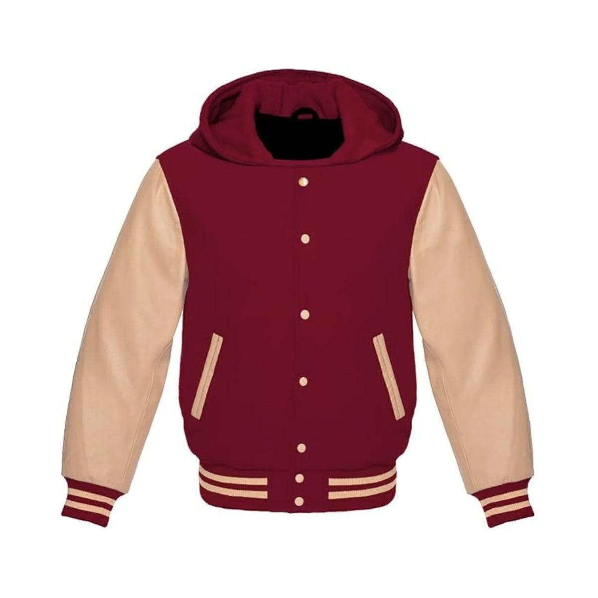 Maroon Wool and Cream Leather Hooded Varsity Jacket