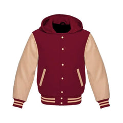Maroon Wool and Cream Leather Hooded Varsity Jacket