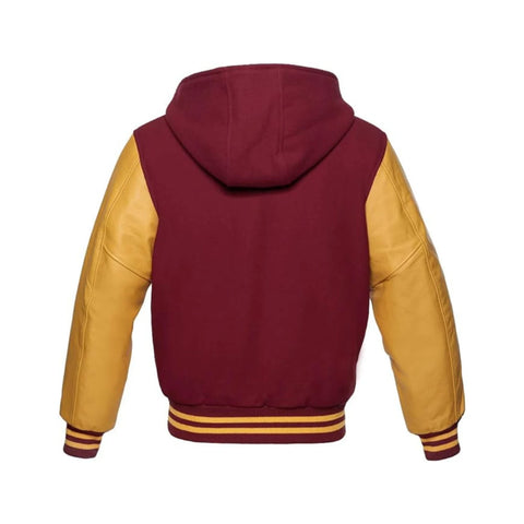 Maroon Wool and Gold Leather Hooded Varsity Jacket Back Side