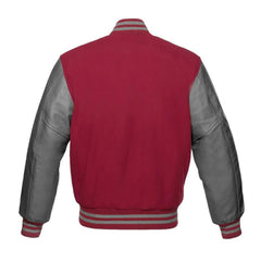 Maroon and Grey Varsity Jacket with Wool Body and Leather Sleeves Back Side