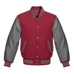Maroon and Grey Varsity Jacket with Wool Body and Leather Sleeves