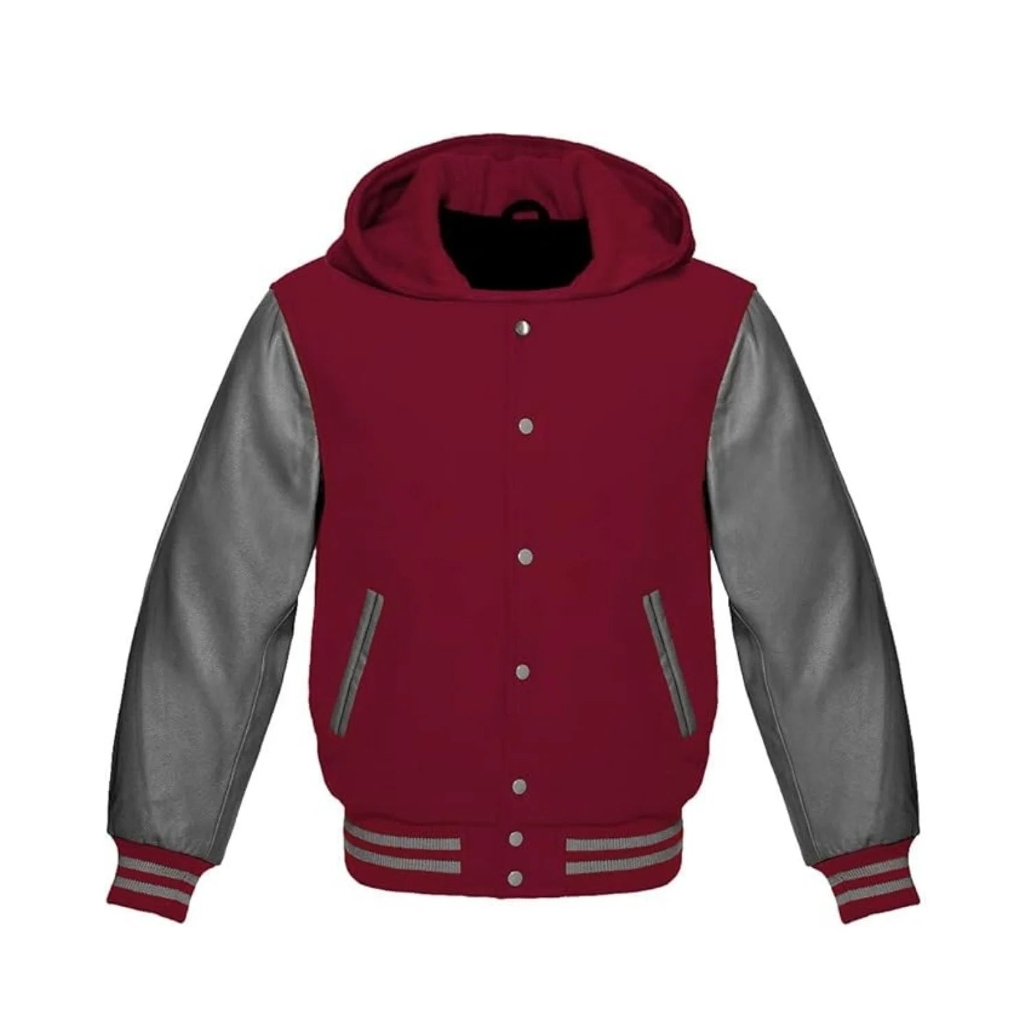 Maroon Wool and Grey Leather Hooded Varsity Jacket