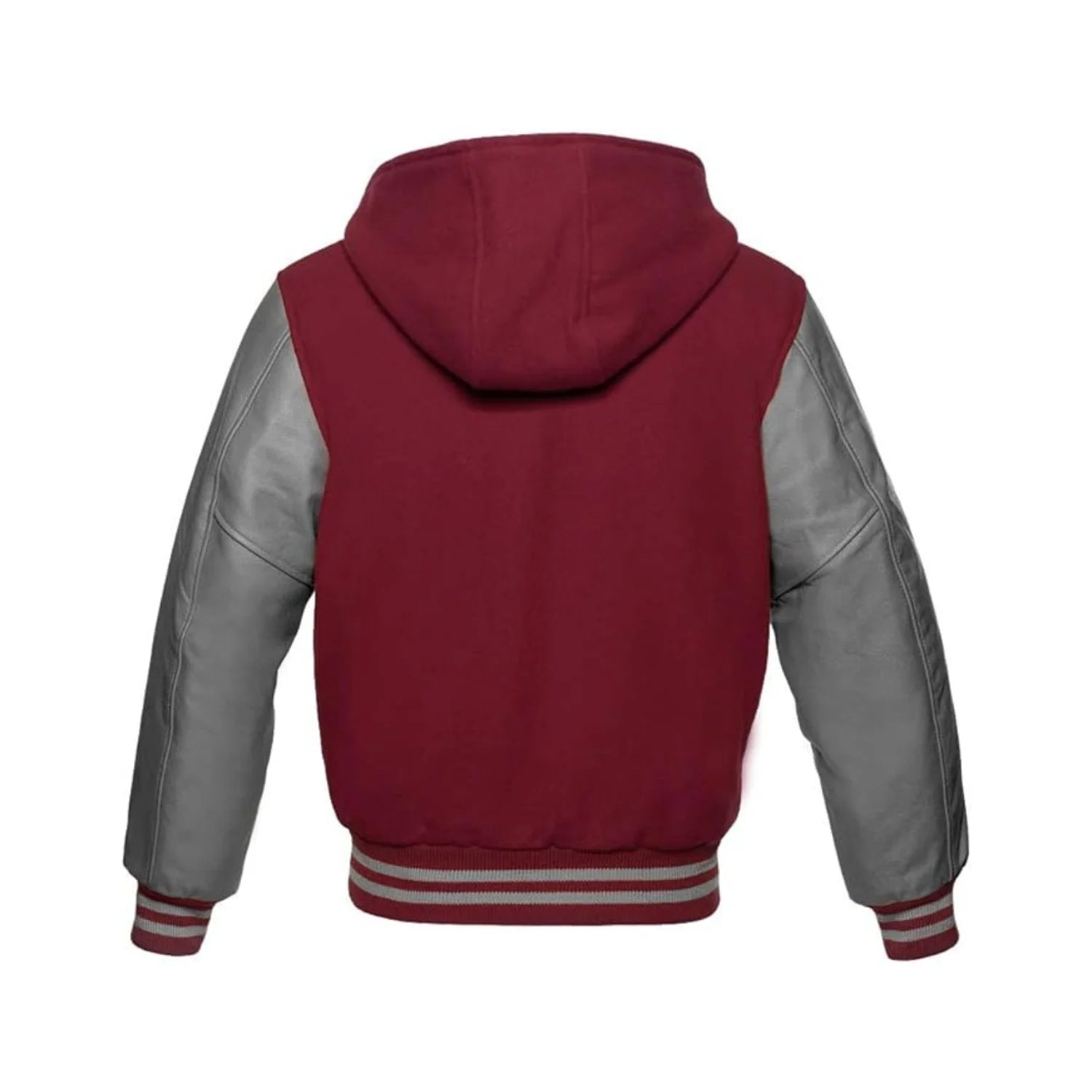 Maroon Wool and Grey Leather Hooded Varsity Jacket Back Side