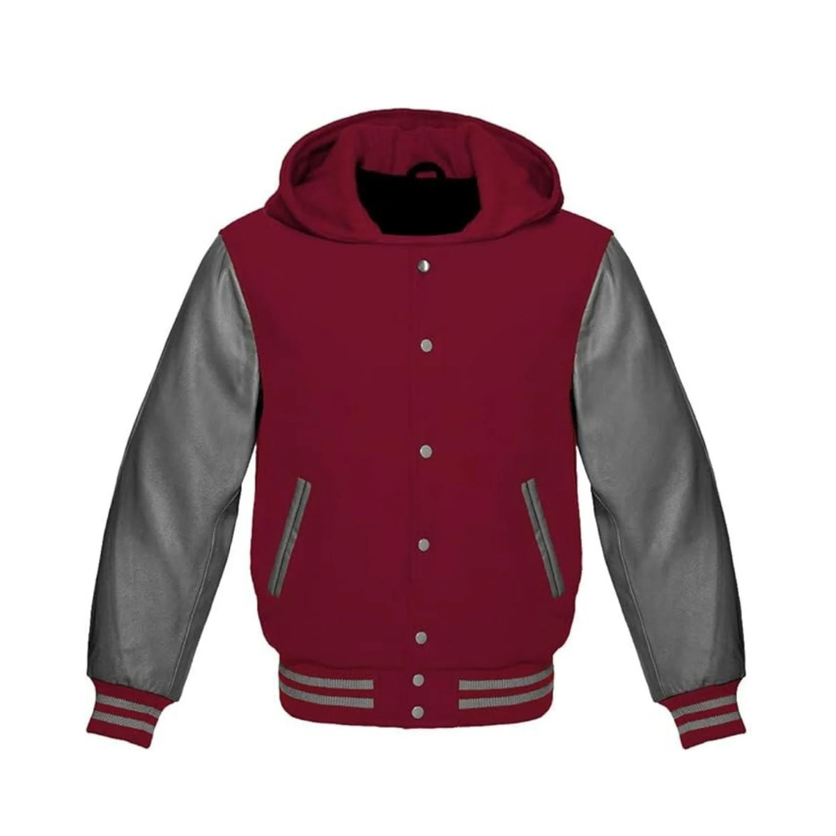 Maroon Wool and Grey Leather Hooded Varsity Jacket