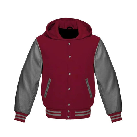 Maroon Wool and Grey Leather Hooded Varsity Jacket
