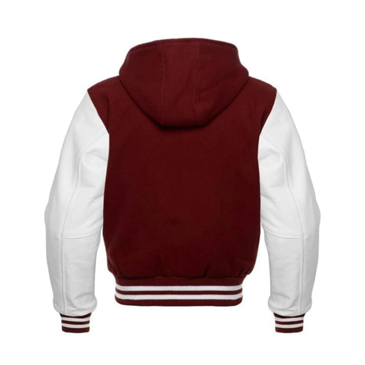 Maroon Wool and White Leather Hooded Varsity Jacket Back Side