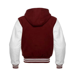 Maroon Wool and White Leather Hooded Varsity Jacket Back Side