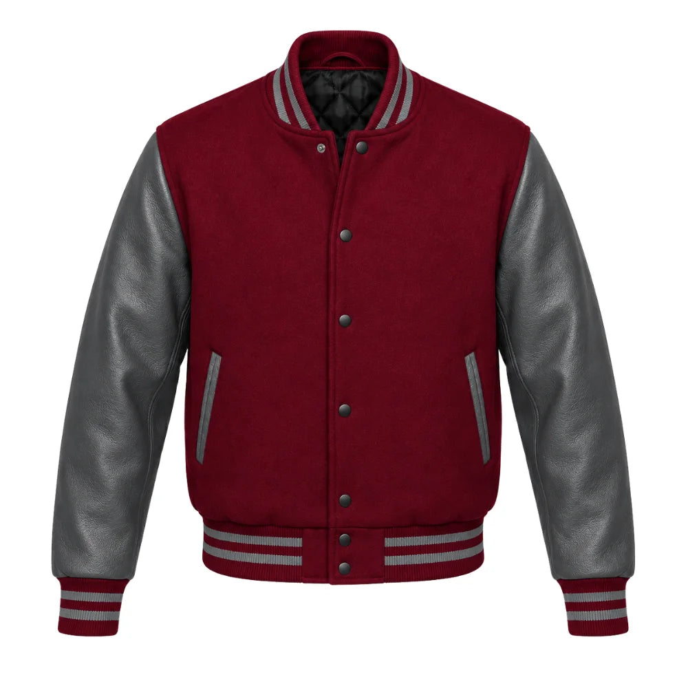 Maroon and Grey Varsity Jacket with Wool Body and Leather Sleeves