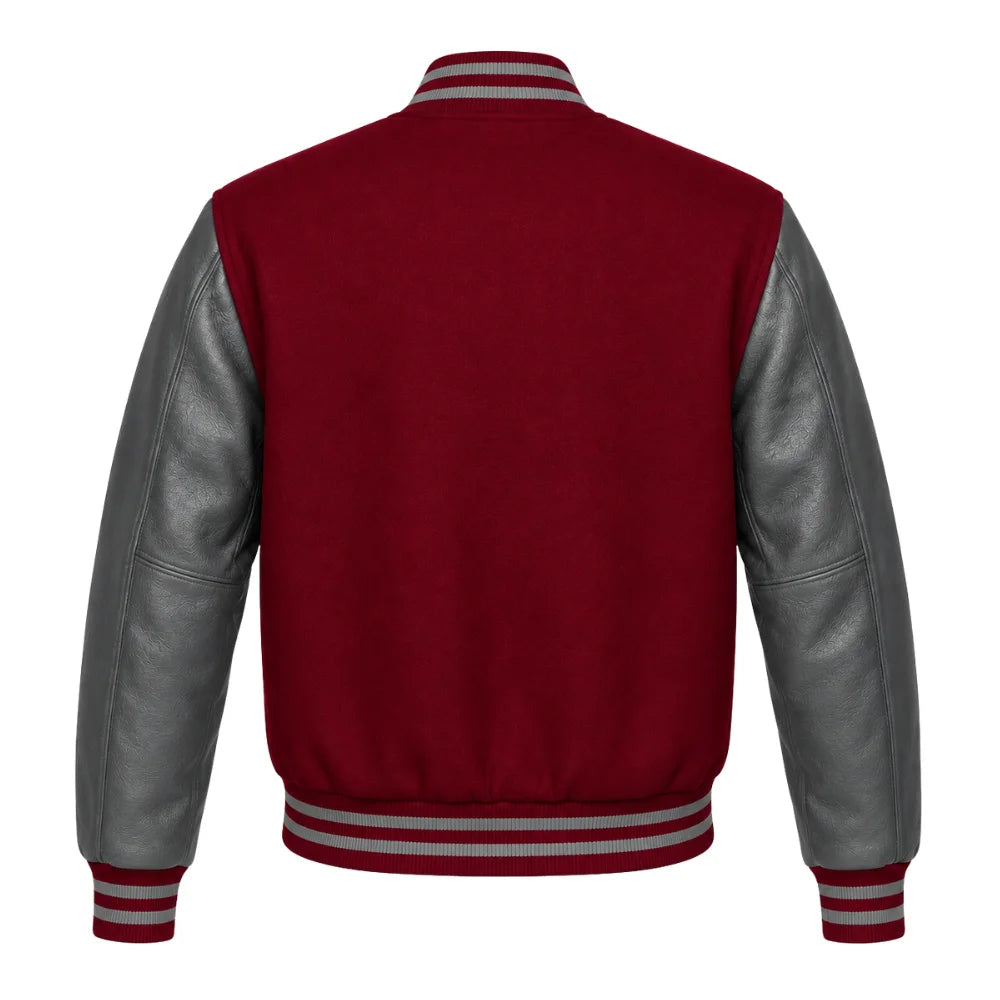 Maroon and Grey Varsity Jacket with Wool Body and Leather Sleeves Back View

