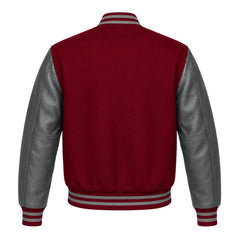 Maroon and Grey Varsity Jacket with Wool Body and Leather Sleeves Back View
