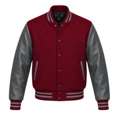 Maroon and Grey Varsity Jacket with Wool Body and Leather Sleeves