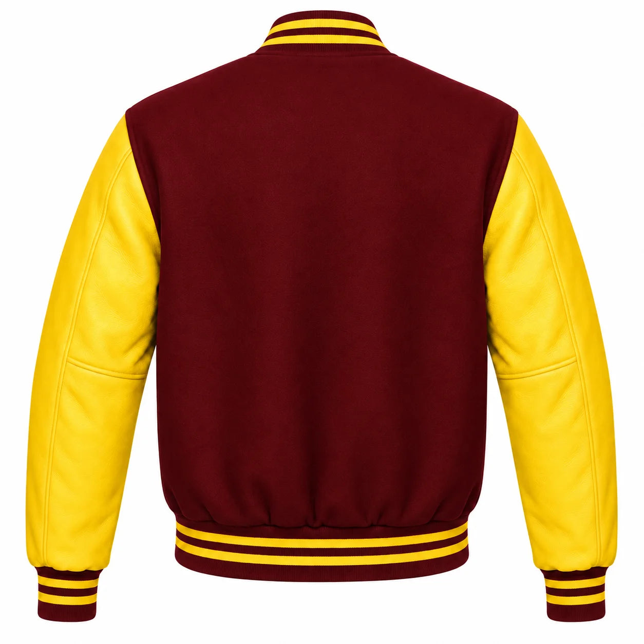 Maroon and Yellow Varsity Jacket with Wool Body and Leather Sleeves Back View