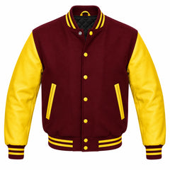 Maroon and Yellow Varsity Jacket with Wool Body and Leather Sleeves